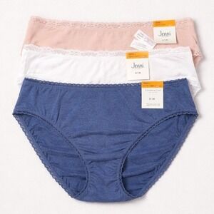 Jenni Intimates Women Cotton Lace Trim Bikini Panties 3‎ Pack White Blue Pink S